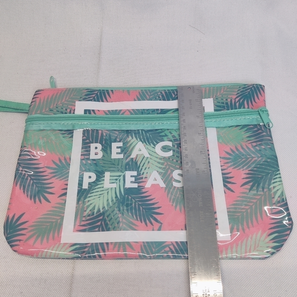 "Beach Please" Makeup Bag Palm Tree Leaf Pink Canvas Zipper Top & Clear Pocket - Picture 4 of 12